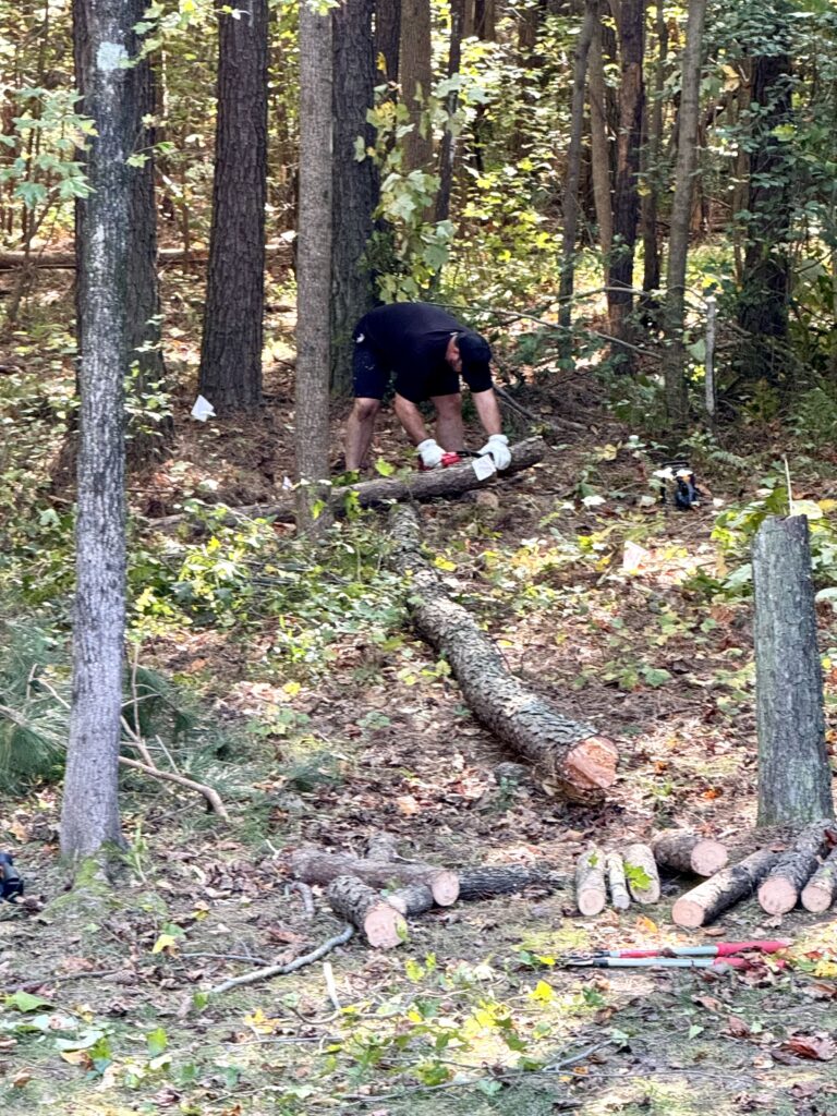 Shed Site Preparation: Picture of Reggie using a saw to cut up one of the trees we had to remove.