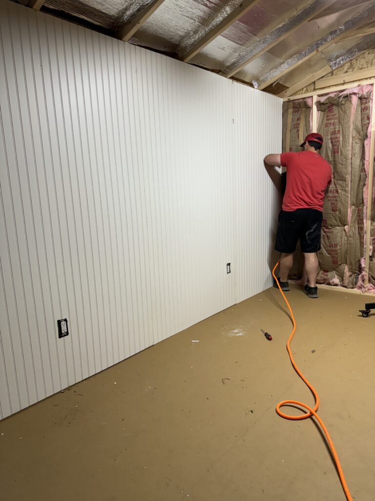 Insulate and finish shed walls: installing the accent panel wall